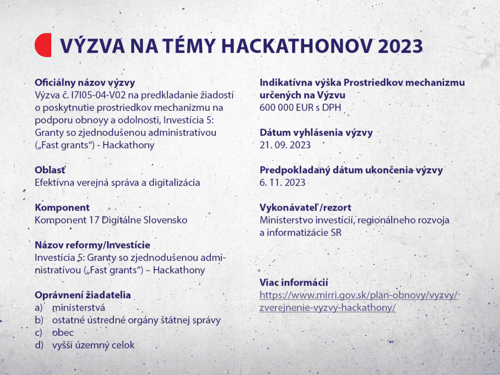 Zverejnenie výzvy (číslo výzvy 17I05-04-V02) – Hackathony 2023