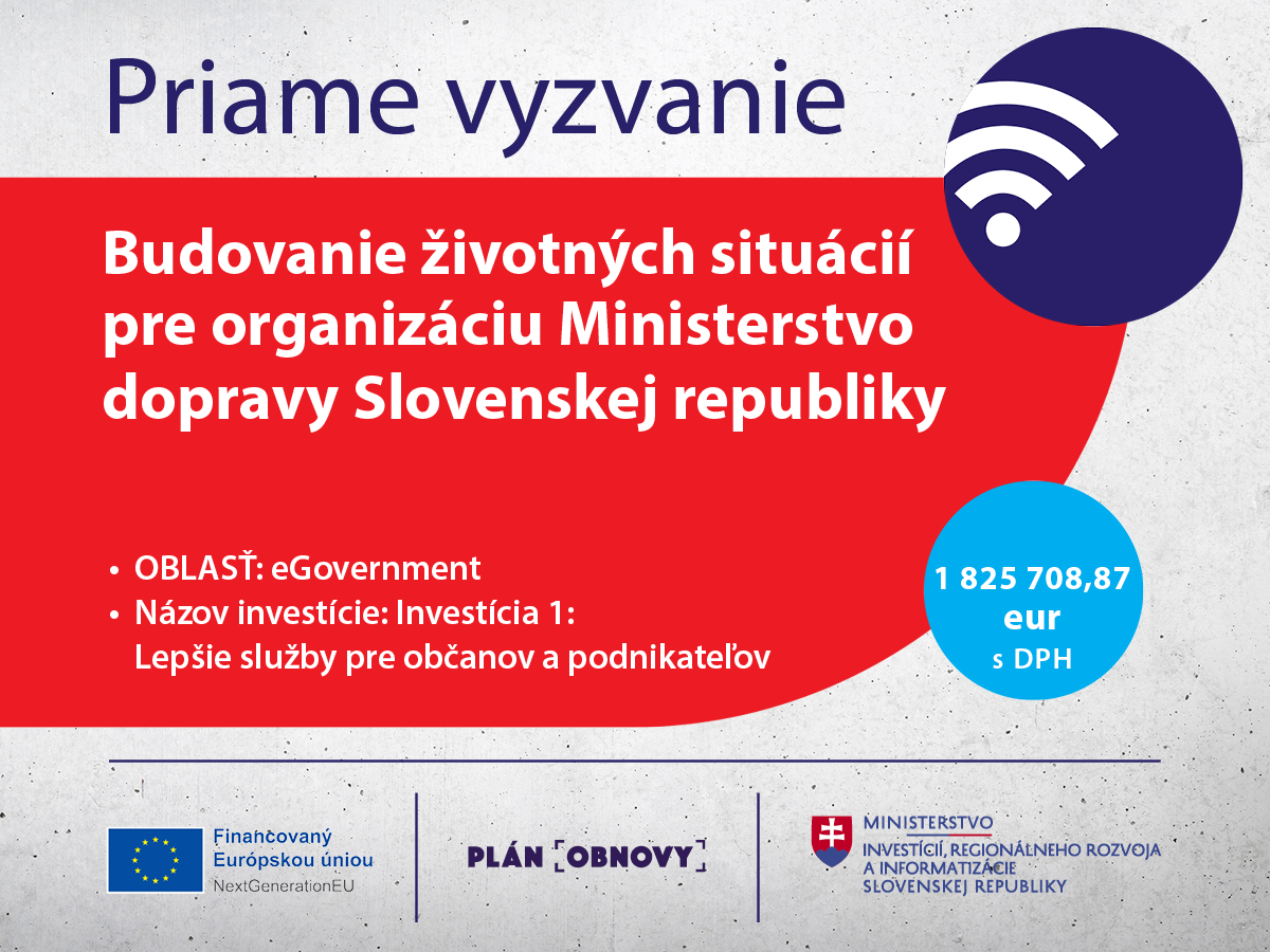 Priame vyzvanie na budovanie životných situácií pre organizáciu Ministerstvo dopravy Slovenskej republiky