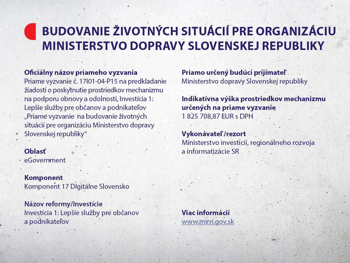 Priame vyzvanie na budovanie životných situácií pre organizáciu Ministerstvo dopravy Slovenskej republiky