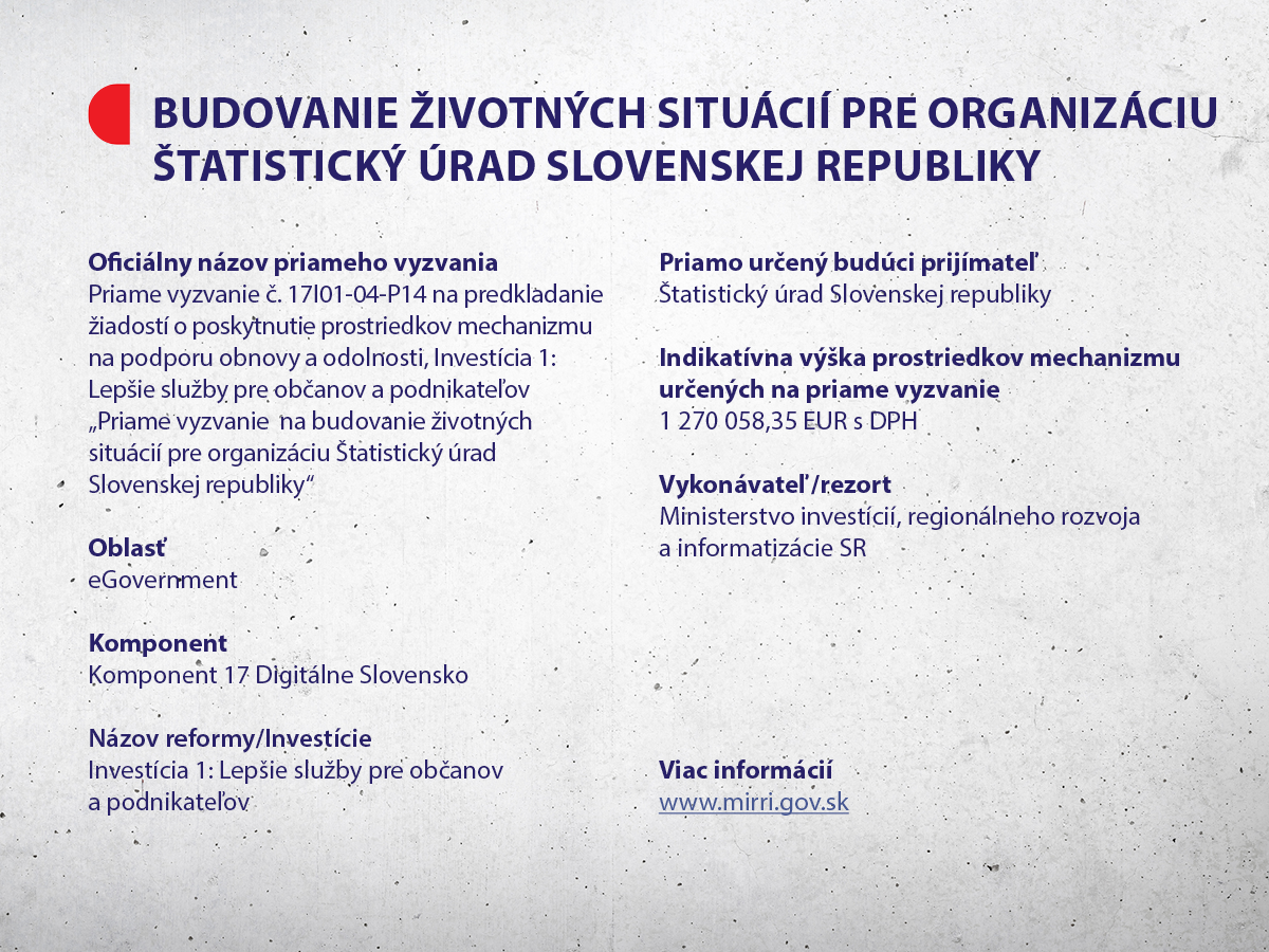 Priame vyzvanie  na budovanie životných situácií pre organizáciu Štatistický úrad Slovenskej republiky