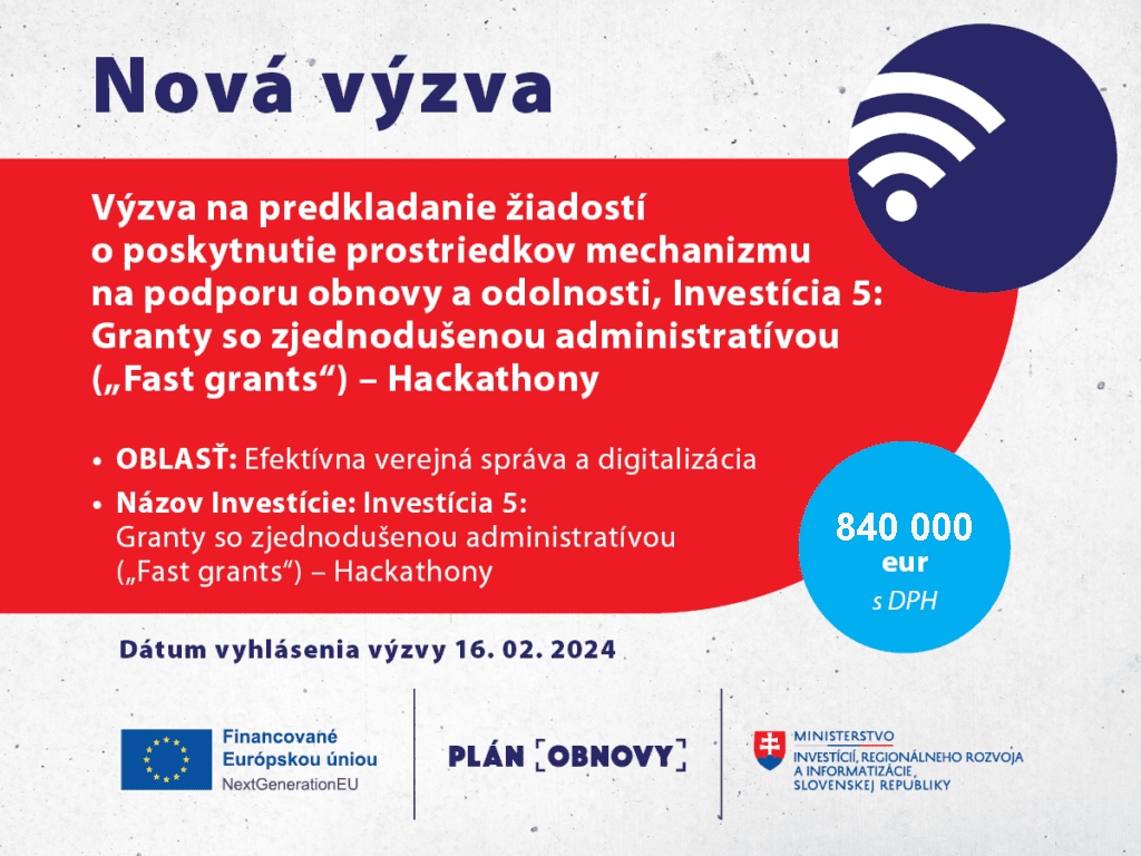 Zverejnenie výzvy na predkladanie žiadostí o poskytnutie prostriedkov mechanizmu na podporu obnovy a odolnosti, Investícia 5: Granty so zjednodušenou administratívou („Fast grants“) – Hackathony