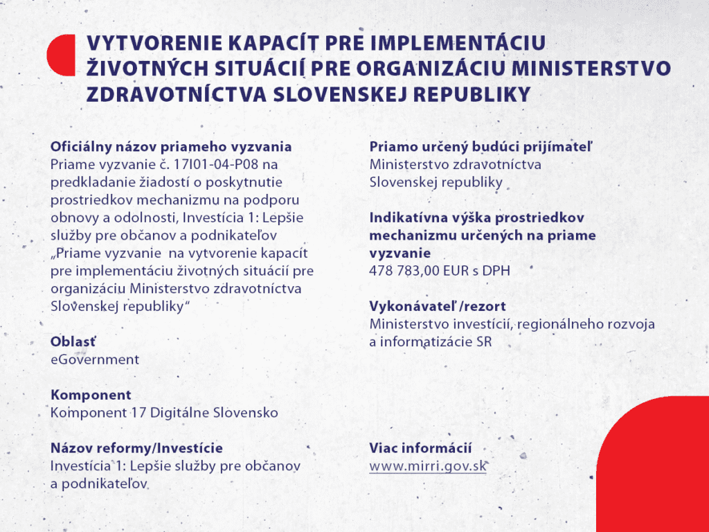 Priame vyzvanie  na vytvorenie kapacít pre implementáciu životných situácií pre organizáciu Ministerstvo zdravotníctva Slovenskej republiky