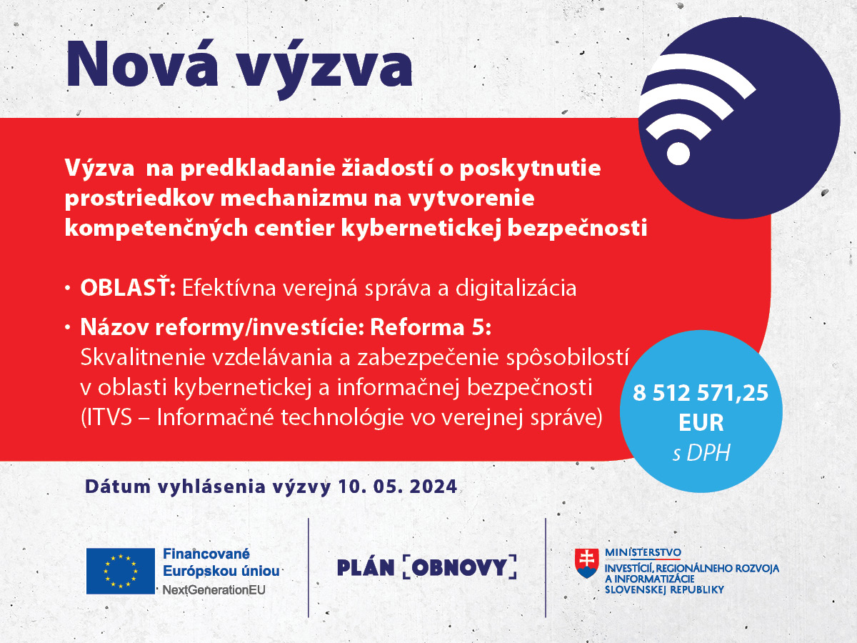 Zverejnenie výzvy na predkladanie žiadostí o poskytnutie prostriedkov mechanizmu na vytvorenie kompetenčných centier kybernetickej bezpečnosti